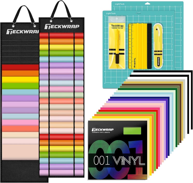 TECKWRAP Permanent Vinyl Bundle All-in-One Accessories, 21 Assorted Colors (12"x12") Sheets, Squeegee, Pin Pen, Tweezers, 2PCS Cutting Mats, Vinyl Storage Bag for Crafting - Image 1